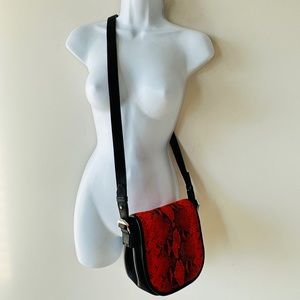 & Other Stories Red & Black Genuine Leather Snake Print Crossbody Saddle Bag